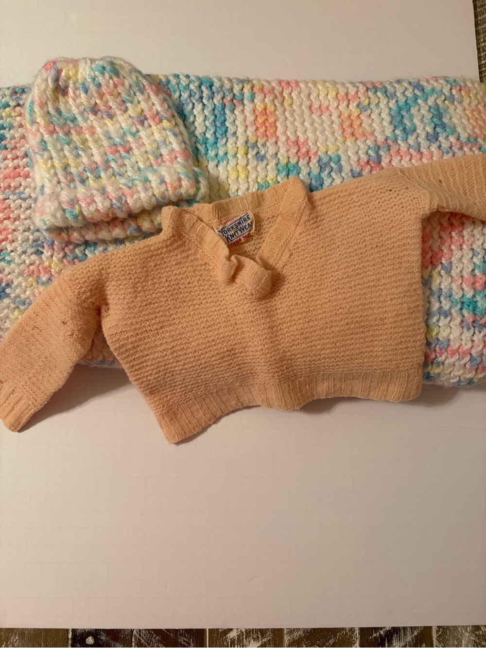 HANDMADE BABY BLANKET, CAP AND SWEATER. **BOOTIES ADDED BUT NO PRICE INCREASE**